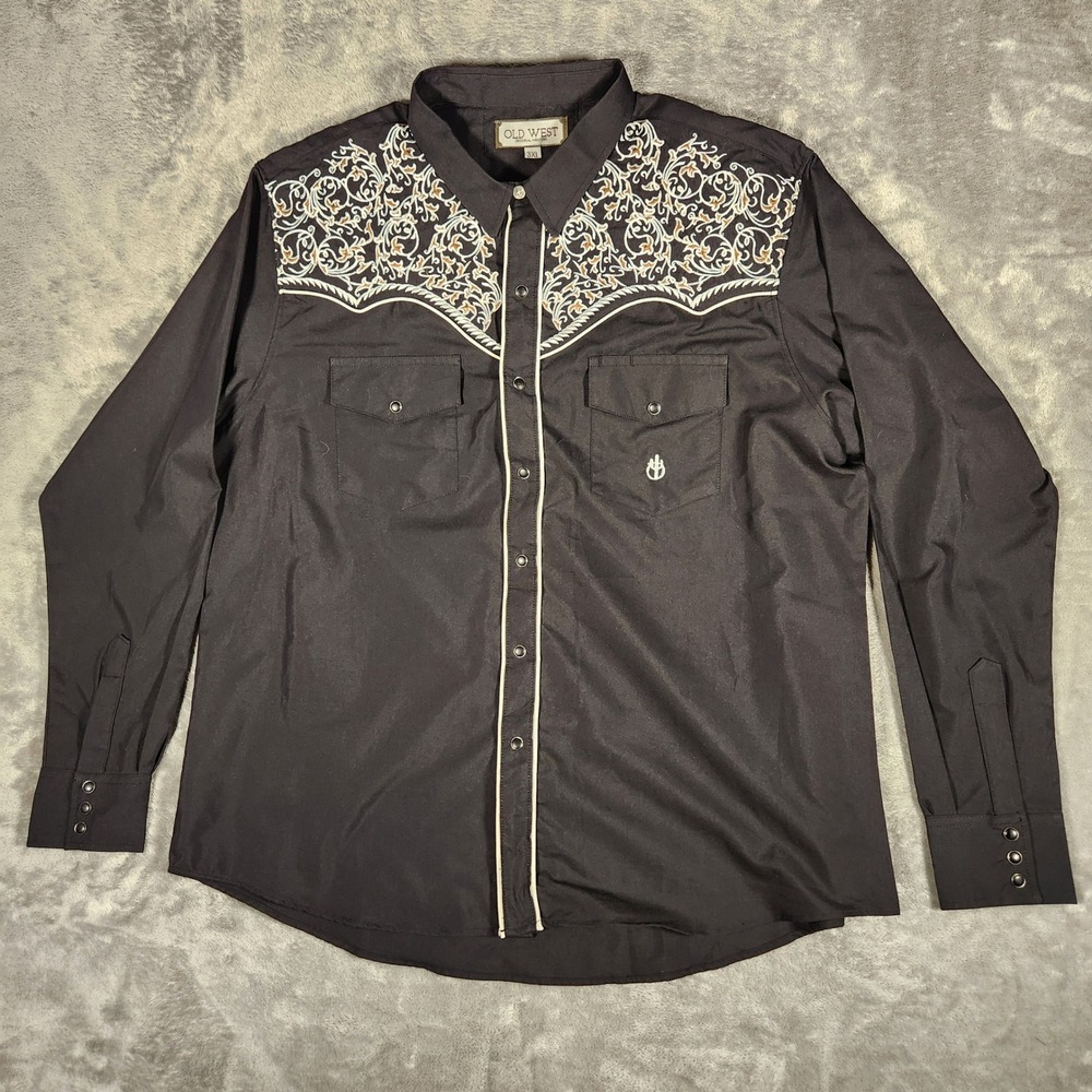 Old West Western Shirt Mens 3XL Black Excellent Embroidered Pearl Snap Vaquero